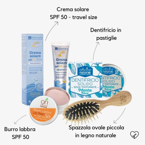 KIT VIAGGIO ESTATE | Crema Solare SPF 50 travel size, Spazzola piccola, Dentifricio in pastiglie, Burro labbra SPF 50 - immagine 2