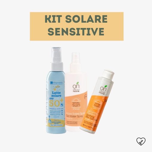 KIT SOLARE SENSITIVE | Latte solare 50+, Acqua solare spray rinfrescante, Gel lenitivo doposole