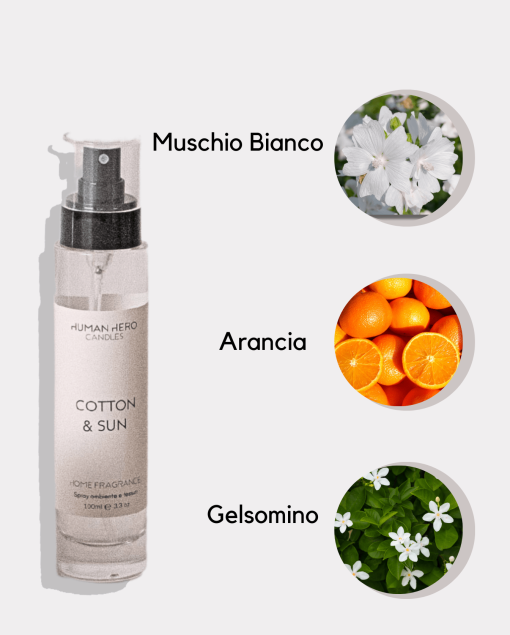 Spray Ambiente/Tessuti 100ml - muschio bianco, arancia, gelsomino - COTTON&SUN | Human Hero Candle - immagine 3