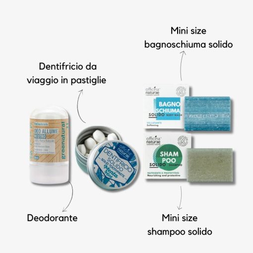 KIT VIAGGIO MINIMAL | Shampoo e bagnoschiuma mini, Dentifricio in pastiglie, Deodorante - immagine 2
