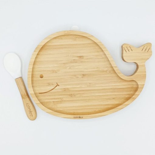 PIATTO BAMBINI BALENA IN BAMBÙ CON CUCCHIAIO BIANCO | ECOMIKRO