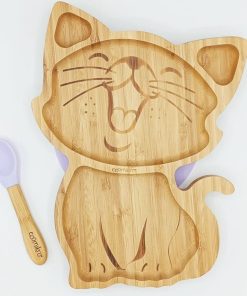 PIATTO BAMBINI GATTO IN BAMBÙ CON CUCCHIAIO LILLA | ECOMIKRO