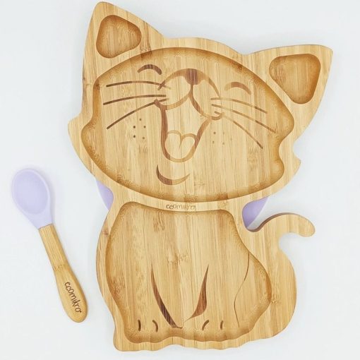 PIATTO BAMBINI GATTO IN BAMBÙ CON CUCCHIAIO LILLA | ECOMIKRO