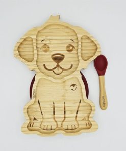 PIATTO BAMBINI CANE IN BAMBÙ CON CUCCHIAIO BORDEAUX | ECOMIKRO