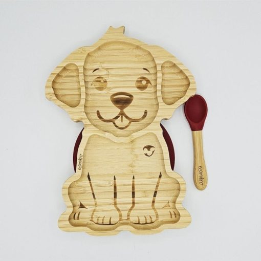 PIATTO BAMBINI CANE IN BAMBÙ CON CUCCHIAIO BORDEAUX | ECOMIKRO
