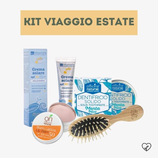 KIT VIAGGIO ESTATE | Crema Solare SPF 50 travel size, Spazzola piccola, Dentifricio in pastiglie, Burro labbra SPF 50