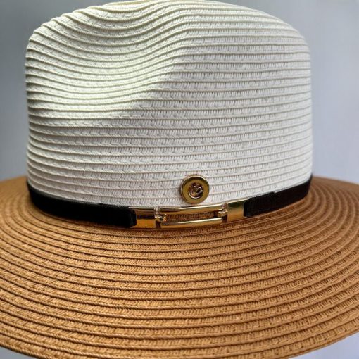Cappello Stile Fedora Naturale e Bianco con Dettaglio Dorato - immagine 6