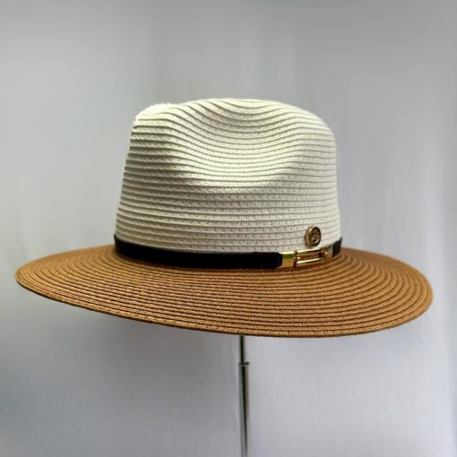 Cappello Stile Fedora Naturale e Bianco con Dettaglio Dorato - immagine 5