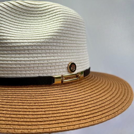 Cappello Stile Fedora Naturale e Bianco con Dettaglio Dorato - immagine 4