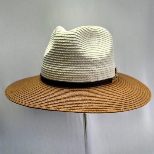 Cappello Stile Fedora Naturale e Bianco con Dettaglio Dorato - immagine 3