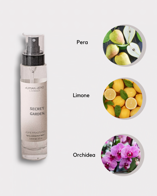 Spray Ambiente/Tessuti 100ml - bergamotto, pera, orchidea - SECRET GARDEN | Human Hero Candles - immagine 2