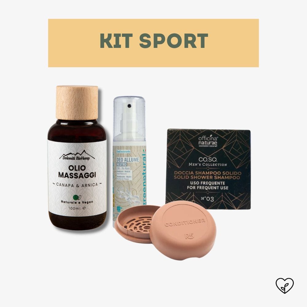 KIT SPORT | Olio massaggi, Deodorante spray, Doccia+Shampoo, Porta solido