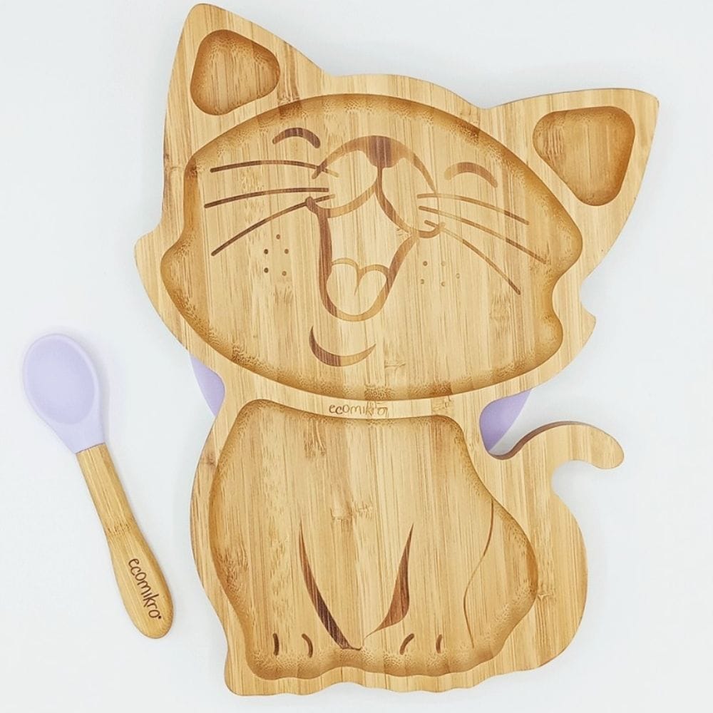 PIATTO BAMBINI GATTO IN BAMBÙ CON CUCCHIAIO LILLA | ECOMIKRO