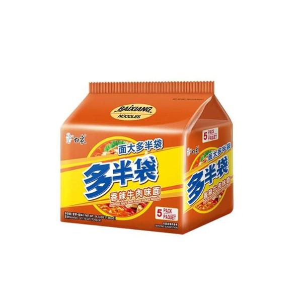 BAIXIANG Ramen Pack Spicy Beef 115grx5 - Pacco da 5 Pacchetti di 115 Grammi Ciascuno - Gusto Carne Piccante - Ideale per Pasti Veloce e Gustosi